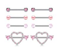 AVYRING Silver Nipple Bars 14G Stainless Steel Nipple Piercing Jewellery for Women, 16mm Barbell Tongue Bars Pink Heart, 4 Pairs