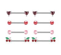 AVYRING Silver Nipple Bars 14G Stainless Steel Nipple Piercing Jewellery for Women, 16mm Barbell Tongue Bars Red Heart, 4 Pairs