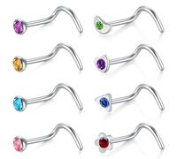AVYRING Silver Nose Stud Piercing Jewellery for Women Man, Hypoallergenic Stainless Steel Nose Studs Screws Curved with Colorful Diamond 20G