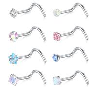 AVYRING Silver Nose Stud Piercing Jewellery for Women Man, Hypoallergenic Stainless Steel Nose Studs Screws Curved with Colorful CZ 20G