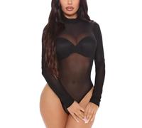 AVZXSA Women's Printed Mesh Long Sleeve Bodysuit, Sexy One Piece with Mock Neck Snap Crotch Leotard Top, Sheer Black, Large