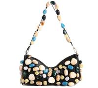 AVZYARDY Women PU Retro Shoulder Bag Colorful Beaded Design Hobo Handbag with Zipper Commute Clutch Purses for Travel Shopping Work Daily Use (Black)