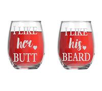 AW Fashions I Like His Beard, I Like Her Butt - 15oz Crystal Wine Glasses - Couples Stemless Wine Glasses - His and Hers Gifts Ideas for Anniversary, Weddings, Bridal Showers