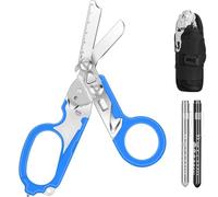 Awaiymi 6 In1 Multifunction Emergency Response Shears, Stainless Steel Foldable Trauma Shears with Strap Cutter and Glass Breaker,Medical Scissors with Holster and Penlight Blue