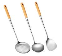 AWAOVV 3Pcs Wok Spatula, Ladle and Skimmer Ladle Tool Set, Stainless Steel Wok Utensils, Kitchenware with Wood Handle, Wok Ladle, Skimmer Spoon, Cooking Spatula, Kitchen Cooking Tools