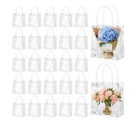 AWAOVV 50 Pcs Clear Gift Bags with Handle, PVC Tote Bag, Reusable Transparent Gift Bag, Flower Party Bags, 13x15x7 cm Personalised Gift Wrap, Candy Goodie Bags for Wedding Parties Shopping Retail