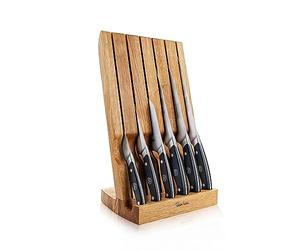 Award Winning - Robert Welch Professional Angle Oak Knife Block Set. Includes Carving 22cm, Bread 22cm, Chef's 18cm, Santoku 14cm, Kitchen 14cm, Paring 9cm