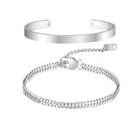 AWARDSEN 2 Pcs Mens Bracelet, Silver Men's Stackable Bracelet Set Cuff & Adjustable Cuban Snake Rope Silver-Plated Copper Chain 18+5 CM for Husband Lover Birthday Gifts