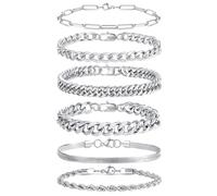 AWARDSEN 6 Pcs Mens Bracelets, Stainless Steel Bracelet for Men, Silver/Gold/Black Cuban Chain Bracelet Mens Jewellery Fashion Accessories Gift for Fathers Day Boyfriends Husband 7.5" 8.3" 9"