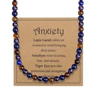 AWARDSEN Anxiety Necklace for Men 8 mm Lapis Lazuli Tiger Eye Amethyst Crystal Tiger Eye Necklace Healing Stone Beaded Necklace for Calming Stress Relief Healing Crystal Gifts for Men & Women