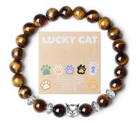 AWARDSEN Cat Bracelet for Women,8mm Tiger Eye Bracelet Crystals Gemstones Stretch Bracelet Cat Jewelry Gifts with Good Luck Cards, Wealth Prosperity