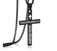 AWARDSEN Cross Necklace Men Cross Chain Mens Necklace with Crucifix Pendant Religious Bible Philippians 4:13 Pendant Men's Jewellery Easter Gifts Christian Gifts for Black Cross Necklace 22"