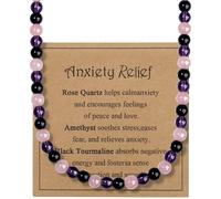 AWARDSEN Mens Beaded Necklace for Anxiety Relief for Adults, 8 mm Black Tourmaline Rose Quartz Amethyst Necklace, Healing Gemstone Jewellery for Stress Relief Gifts for Men Him