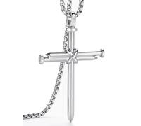 AWARDSEN Mens Silver Cross Necklace Cross Chain for Men Silver Crucifix for Men Religious Bible Philippians 4:13 Stainless Steel Chain(20"-24")