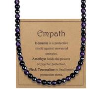 AWARDSEN Protection Necklace for Men 8 mm Natural Amethyst Black Tourmaline Healing Stones Shield Against Unwanted Energies, Psychic Protection & Strength Crystal Bead Necklace for Dad Husband