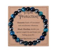 AWARDSEN Triple Protection Bracelet 8 mm Black Obsidian Tiger Eye Protection Crystals Beaded Bracelet for Women Men, Healing Gemstone Jewellery for Stress Relief & Negative Energy Protection