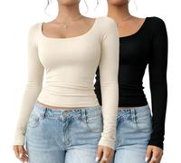 AWAVM 2 PCS Long Sleeve Shirts Womens,Scoop Neckline Tops Slim Fit Undershirts Basic Thermal Tops (UK, Alpha, XXL, Regular, Regular, Black and Beige)