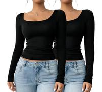 AWAVM 2 PCS Long Sleeve Shirts Womens,Scoop Neckline Tops Slim Fit Undershirts Basic Thermal Tops (UK, Alpha, XL, Regular, Regular, Black)