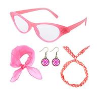 AWAVM 4 PCS 50s Costume Accessories,1950s Fancy Dress Cat Eye Glasses Polka Dot Bandana Tie Headband Earrings Black ladies Grease Fancy Dress for Women Girl Ladies Kids 1950s Retro Party Decor (Pink)