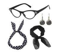 AWAVM 4 PCS 50s Costume Accessories,1950s Fancy Dress Cat Eye Glasses Polka Dot Bandana Tie Headband Earrings Black ladies Grease Fancy Dress for Women Girl Ladies Kids 1950s Retro Party Decor (Black)