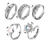 AWAVM 5PCS Anxiety Ring for Women, Silver Fidget Ring for Teen Girls, Adjustable Open Spinner Rings for Anxiety Women Daughter, Butterfly Moon and Star Adjustable Ring for Men Birthday Party Gifts