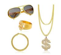 AWAVM 5pcs Hip Hop Costume kit, 80s/90s Hip Hop Fancy Dress Costumes Accessories for Kids Adult, Fake Gold Chain/Bracelet, Fake Dollar Sign Necklace, Hip Hop Ring, Hippie Glasses