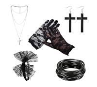 AWAVM 5Pcs Ladies 80s Accessories: Lace Headband, Earrings, Fishnet Gloves, Retro Party Necklace & Bracelets for Women's 1980s Retro Costume