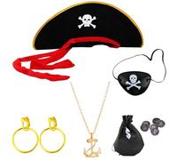 AWAVM 6Pcs Pirate Costume Accessories Set for Kids, Includes Pirate Hat, Eye Patch, Necklace, Earrings, Money Bag, Perfect for Halloween, Party, Cosplay, and Pirates of the Caribbean Theme