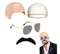 AWAVM Bald Caps for Adults, Skin Head Skull Wig, Bald Head Wig Cap Costume Set, Sunglasses, Mustache, Halloween Fancy Dress Famous Rapper Cosplay for Men Women Red