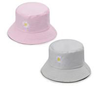 AWAVM Bucket Hats Women 2PCS Daisy Embroidery Bucket Hat Ladies Summer Fisherman Hat Reversible Cotton Bucket Sun Hats Foldable Double-Side Hat for Teens Girls Travel Outdoor Beige and Pink