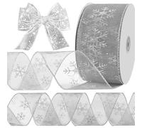 AWAVM Glittery Snowflake Organza Christmas Tree Ribbon - 2.5 Inch X 11 Yard Wired Ribbon for Decor, Gift Packaging, Crafts & Parties (Silver)