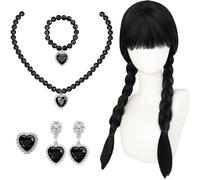 AWAVM Gothic Halloween Wig Costume Girl Women Black Wig, Earrings & Necklace - Dark Vampire Dress Up Outfit for Kids, Girls Gothic Cosplay Halloween, Carnival Spooky Parties