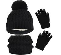 AWAVM Kids Winter Hat Scarf and Gloves Set, 3pcs Knitted Warmth Crochet Thick Fluffy Scarf Pom Bobble Hat Two Fingers Touch Screen Gloves Set for Boys and Girls 2-8 (Black)