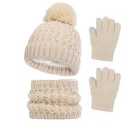 AWAVM Kids Winter Hat Scarf and Gloves Set, 3pcs Knitted Warmth Crochet Thick Fluffy Scarf Pom Bobble Hat Two Fingers Touch Screen Gloves Set for Boys and Girls 2-8 (White)