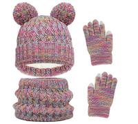 AWAVM Kids Winter Hat Scarf and Gloves Set, 3pcs Knitted Warmth Crochet Thick Fluffy Scarf Pom Bobble Hat Two Fingers Touch Screen Gloves Set for Boys and Girls 2-8 (Multicolour)