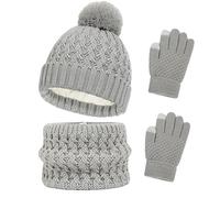 AWAVM Kids Winter Hat Scarf and Gloves Set, 3pcs Knitted Warmth Crochet Thick Fluffy Scarf Pom Bobble Hat Two Fingers Touch Screen Gloves Set for Boys and Girls 2-8 (Grey)