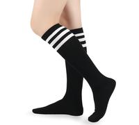 AWAVM Knee High Socks, Casual Thigh High Socks White Black Striped Boot Socks, 3 Striped Long Tube Stockings for Women Girls Daily Wear (UK, Alpha, One Size, Regular, Regular, Black)