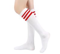 AWAVM Knee High Socks, Casual Thigh High Socks White Black Striped Boot Socks, 3 Striped Long Tube Stockings for Women Girls Daily Wear (UK, Alpha, One Size, Regular, Regular, Red)