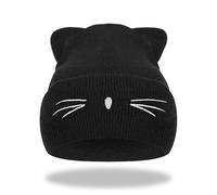 AWAVM Womens Winter Warm Cute Cat Ears Beanie Hat Thermal Knit Crochet Braided Fashion Hats Soft Ski Snowboard Hat Double Faux Fur Bobble Pom Pom Cat Hat for Girls Ladies Valentines Gifts Black