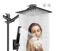 AWAXFOLO 10" High Pressure Square Rainfall Shower Head and 2-in-1 Hand Shower,Rainfall Showerhead with 11" Shower Arm,Equipped with 78"Hose,Adhesive Shower Head Holder (Square Black Shower Head Set)