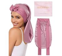 AWAYTR 100% Mulberry Silk Bonnet - Long Hair Cap for Sleeping Tie Band Bonnet for Braids Curly Hair, Rose Gold, One Size