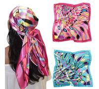 AWAYTR 35” Large Satin Square Head Scarf - 2Pcs Silk Like Floral Head Scarves Square Satin Hair Scarf Bandanas for Women - - Large