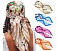 AWAYTR 35” Satin Large Square Head Scarves - 4PCS Silk Like Neck Scarf Hair Sleeping Wraps Lightweight Satin Silk Scarfs, (Buttfly Patterns(blue/Coffee/Beige/Rose Red), 35 * 35 inches / 90 * 90 cm