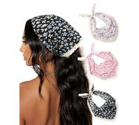 AWAYTR 3Pcs Floral Hair Bandanas Chiffon Head Kerchief for Women Girls Boho Hair Scarf Headband Bandana Daisy Lace Head Scarf (Blue/Pink/White)