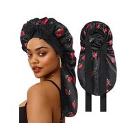 AWAYTR Long Hair Bonnet for Women - Reversible Double Layer Satin Silk Bonnet for Sleeping with Tie Band (Black Cherry+Black)
