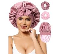 AWAYTR Satin Bonnet Silk Bonnet for Sleeping Women Hair Bonnet for Curly Hair Sleep Cap Reversible Double Layer Bonnet with Tie Band, Bean Paste Pink Bonnet + Satin Scrunchies, 7-7 3/8
