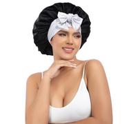 AWAYTR Silk Bonnet for Sleeping Women 100% Mulberry Silk Bonnet with Band 2 Layer Reversible Hair Bonnet Sleeping Hair Wrap (Black/Silver Grey)