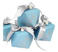 Awcmtpsyol Gift Box Diamond Shape Wedding Favors Decoration Baby Shower Birthday Party Chocolate Packing Candy Boxes for Guests with Ribbon and Pearl (blue box with silver ribbon)