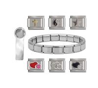 AWEHIRU No Brand Name Starter Kit 18| 6pcs Charms Links| 1 Silver Bracelet| 1 Charm Tool- fits all classic 9mm Italian Style Charm Bracelet - UK stock