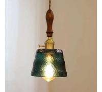AWEITG Stylish Colored Water Glass Pendant Light with Walnut Wood Decoration - Adjustable E27 Ceiling Fixture for Home and Restaurant(Green)